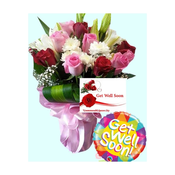 Get well soon mixed flowers with balloon to Philippines