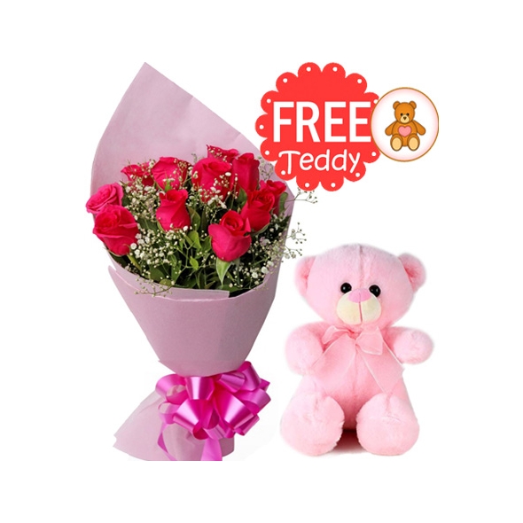 12 Red Roses with Free Teddy Bear