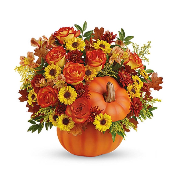 send mixed orange flowers in pumkin vase to philippines