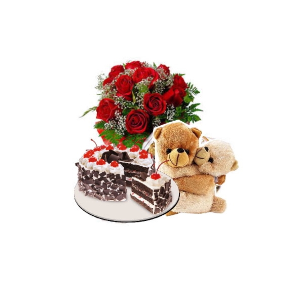 12 Red Roses,2 Hug Bear with Black Forest Cake