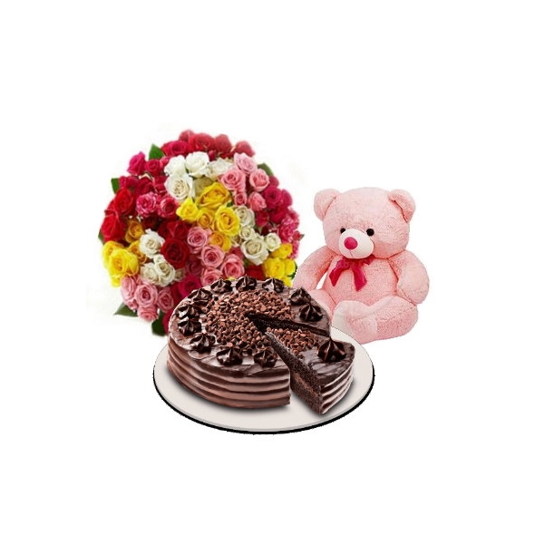 48 Mixed Roses,Pink Bear with Ultimate Chocolate Cake