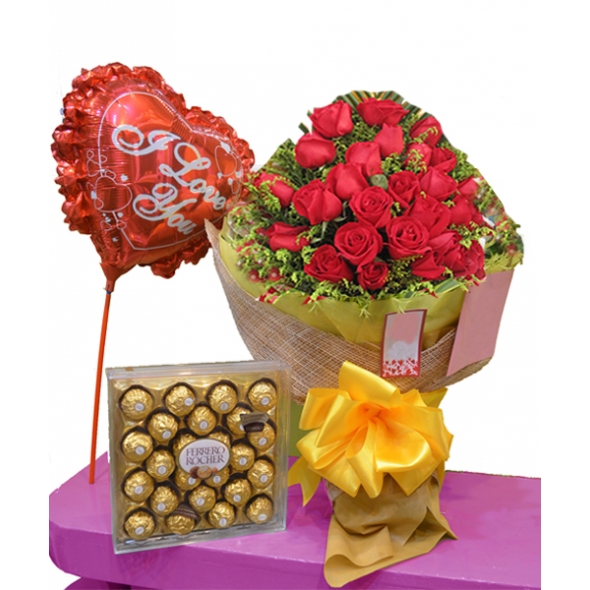 send 24 red roses with ferrero rocher chocolate with balloon to Philippines