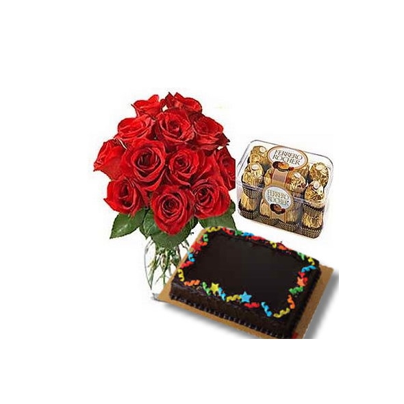send 12 red roses in vase with cake and chocolate to philippines