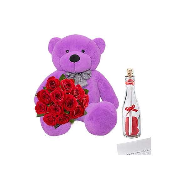 12 Red Roses with Teddy & Message in Bottle To Manila