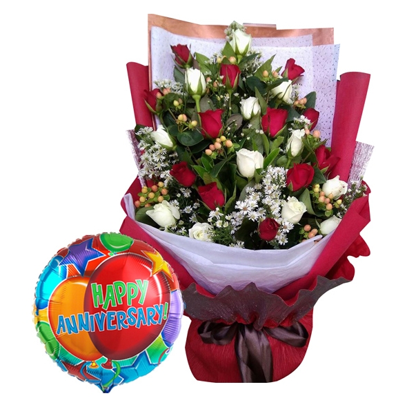 24 Red and white roses with anniversary balloon to Philippines