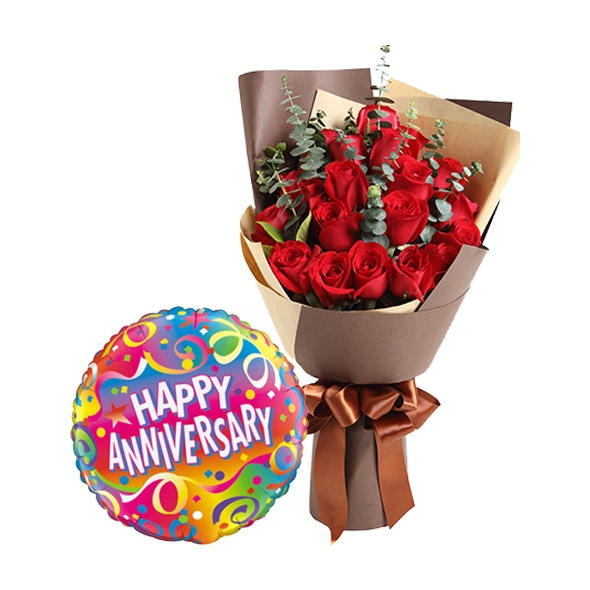 24 Red Roses with Anniversary balloon To Philippines