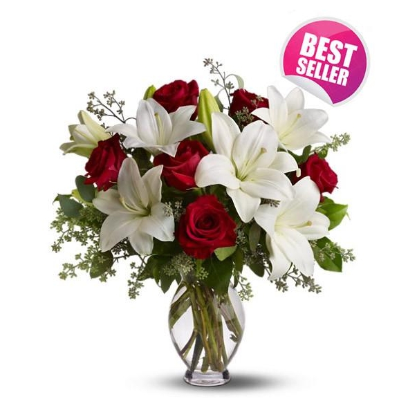 6 White lilies and 6 Red Roses in Vase