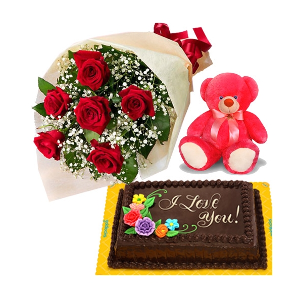 6 Red Roses,Red Bear with Cake