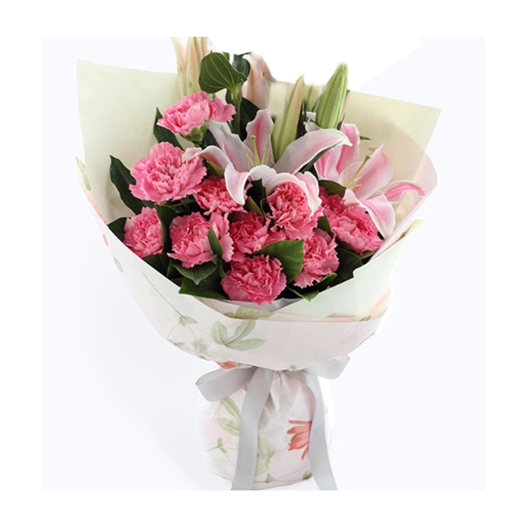 12 Pink Carnations with 1 Stem Lilies in Bouquet