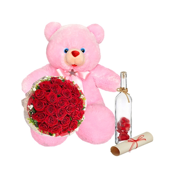 24 Red Roses with Teddy & Message in Bottle To Manila