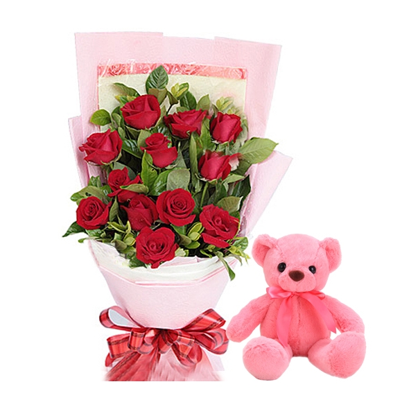 12 Red Roses in Bouquet with Bear Delivery to Manila Philippines