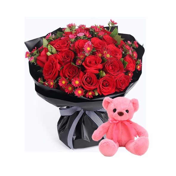 24 Red Roses in Box with Bear Send to Manila Philippines