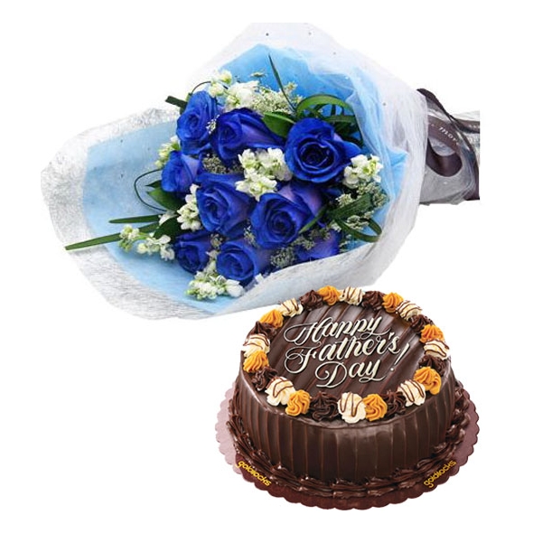 12 blue roses with choco caramel cake