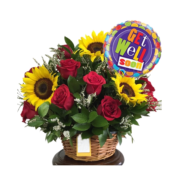 Rose and Sunflowers in basket with get well balloon to manila