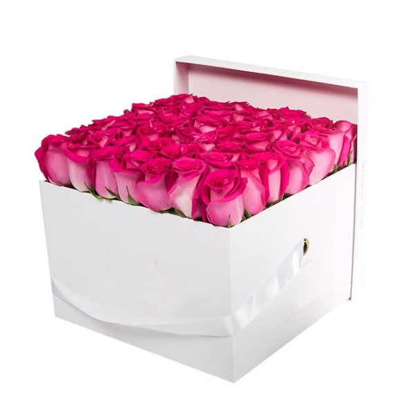 50 pcs of beautiful Pink Roses in a Square Shaped Box