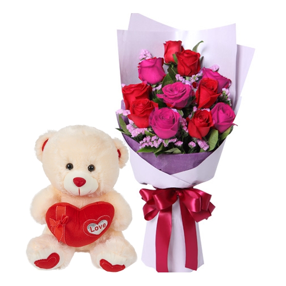 Red & Pink Roses with Pink Bear Send to Manila