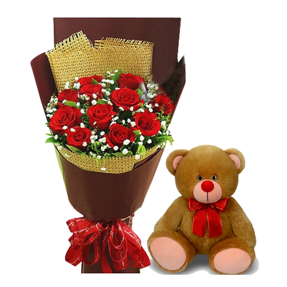 12 Red Roses in Bouquet with Bear Send to Manila Philippines