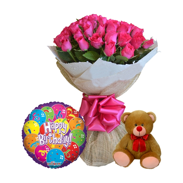 24 Pink color roses with balloon and teddy bear to Philippines