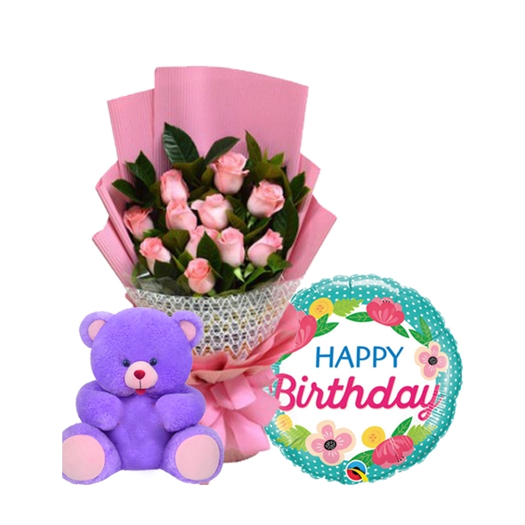 send 12 pink roses with birthday balloon and teddy bear to Philippines