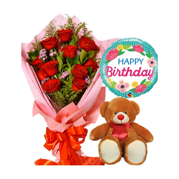 12 red rose with birthday balloon and teddy bear to philippines