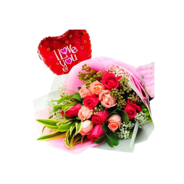 12 Red & Peach Roses in Bouquet with I Love You Balloon Delivery to Manila Philippines
