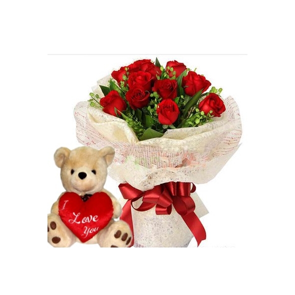12 Red rose & Brownie Bear w/ I love You Heart send philippines