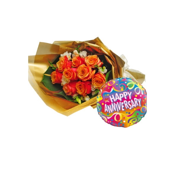 12 Orange Roses in Bouquet with happy anniversary Balloon Send to Manila Philippines