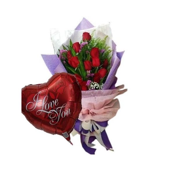 12 Red color rose bouquet with romantic balloon send philippines