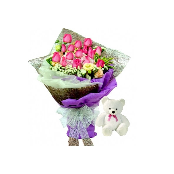 12 Bright Pink Roses with bear in Bouquet Online Delivery to Manila Philippines