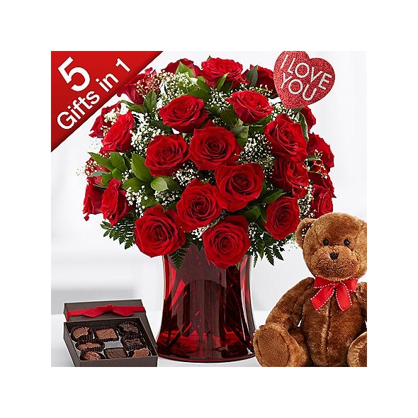 24 Red Rose, Clear Vase,Balloon,Small Bear and Chocolate Box Philippines