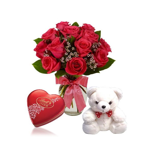 Red Rose vase,White Bear with Lindt to Manila Philippines