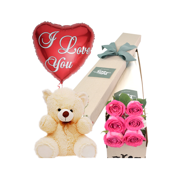 6 Pink Roses Box,Pink Bear with I Love U Balloon Delivery to Manila Philippines