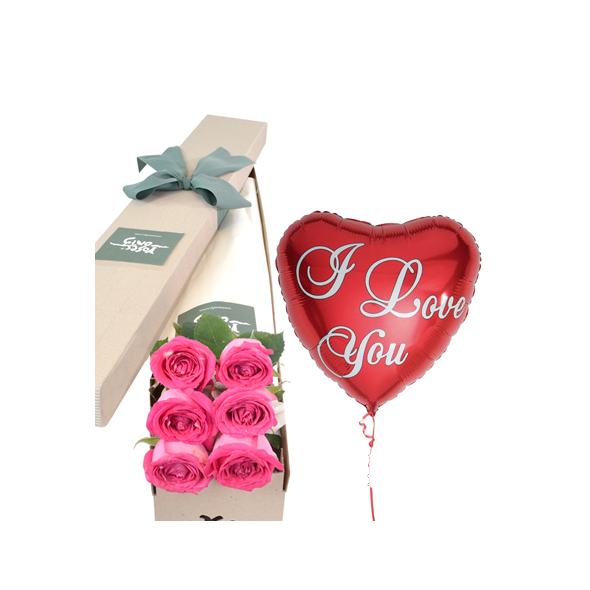 6 Pink Roses Box with I love U Balloon Delivery to Manila Philippines