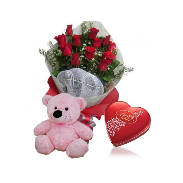 Rose bouquet,Pink Bear with Lindt Chocolate to Manila Philippines