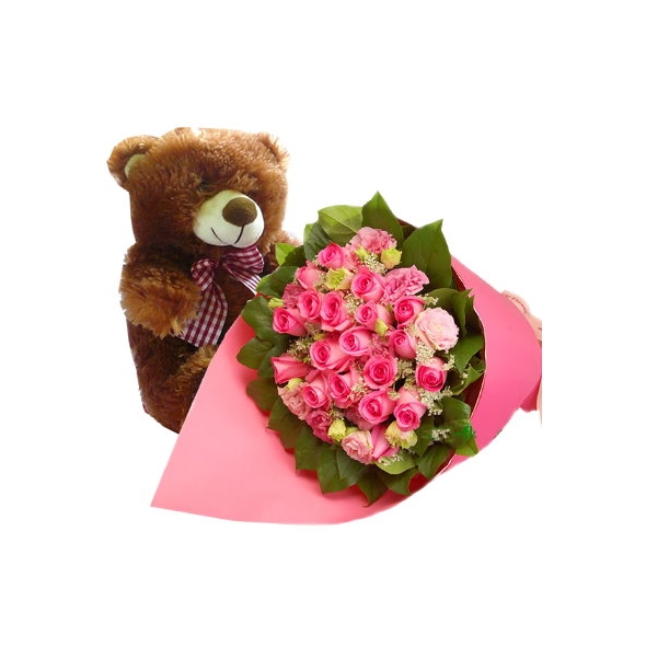 24 Pink Rose bouquet with bear Send to Manila Philippines
