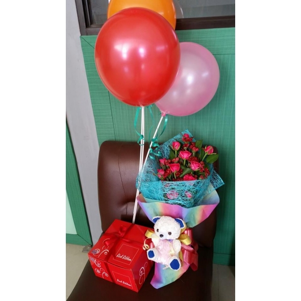 12 Red Roses Bouquet,Red Ribbon Cake,Balloon with Bear