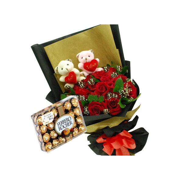 12 Red Roses,2 Bear with Ferrero Rocher Chocolates