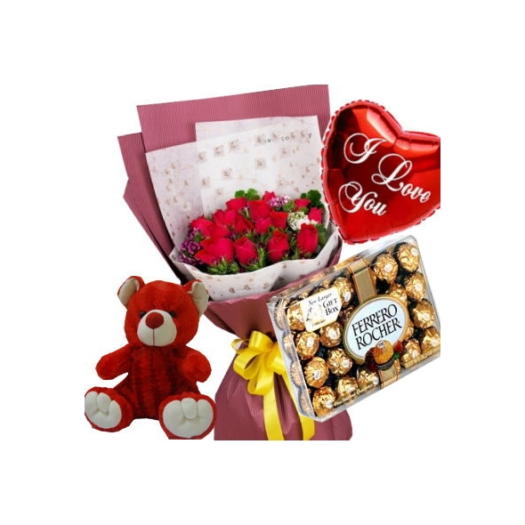 12 Red Roses,Red Bear,Ferrero Rocher Chocolate Box with I Love U Balloon