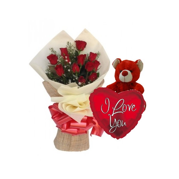 12 Red Roses,Red Bear with I Love u Balloon