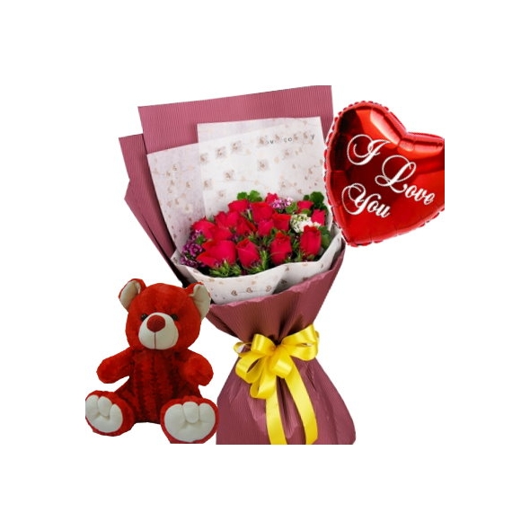 12 Red Roses Bouquet,Red Bear with I Love u Balloon