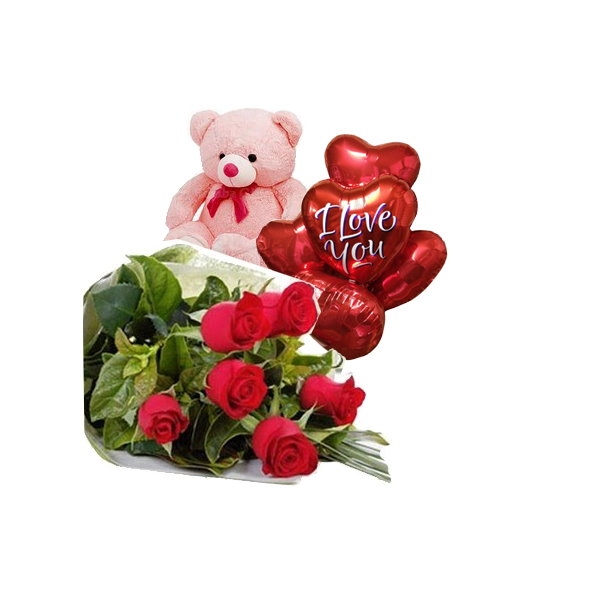 6 Red Roses Bouquet,Pink Bear with I Love u Balloon