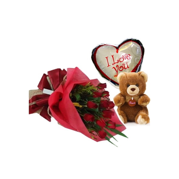 12 Red Roses,Brown Bear with I Love U Balloon