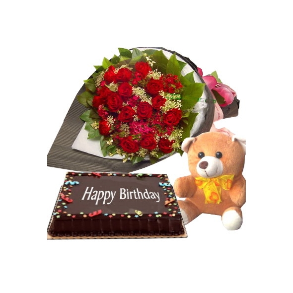 24 Red Roses Bouquet,Bear with Happy Birthday Cake