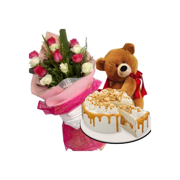 12 Mixed Roses Bouquet,Bear with Coffee Crunch Cake