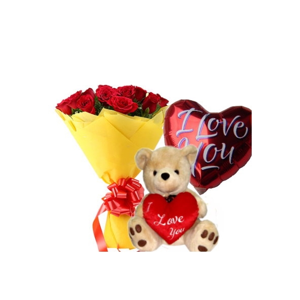 12 Red Roses,Kiss Me Bear with Happy Birthday Balloon