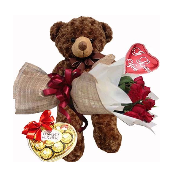 send rose bouquet with small heart bear, ferrero chocolate box and balloons to manila Philippines